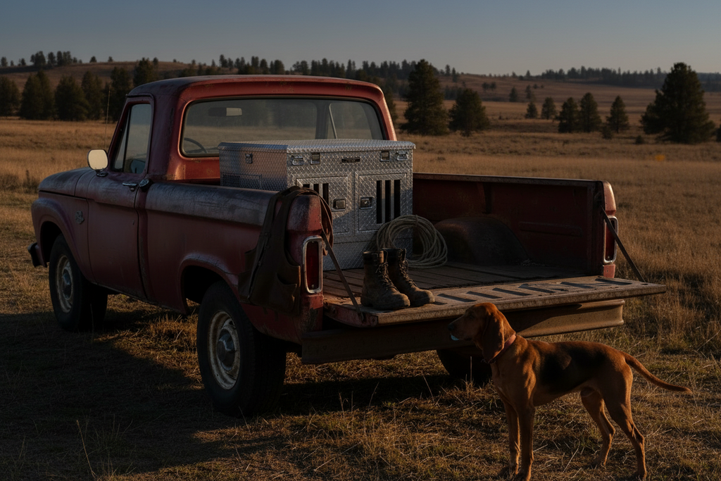 Aluminum dog kennel in old truck bed