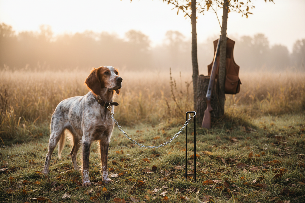 Bird dog tied out using Tie Out Stake and Tie Out Chain