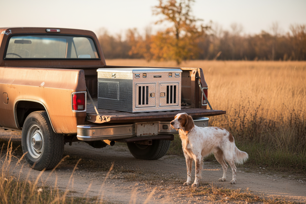Diamond Deluxe D Style Dog Box in brown truck with English setter