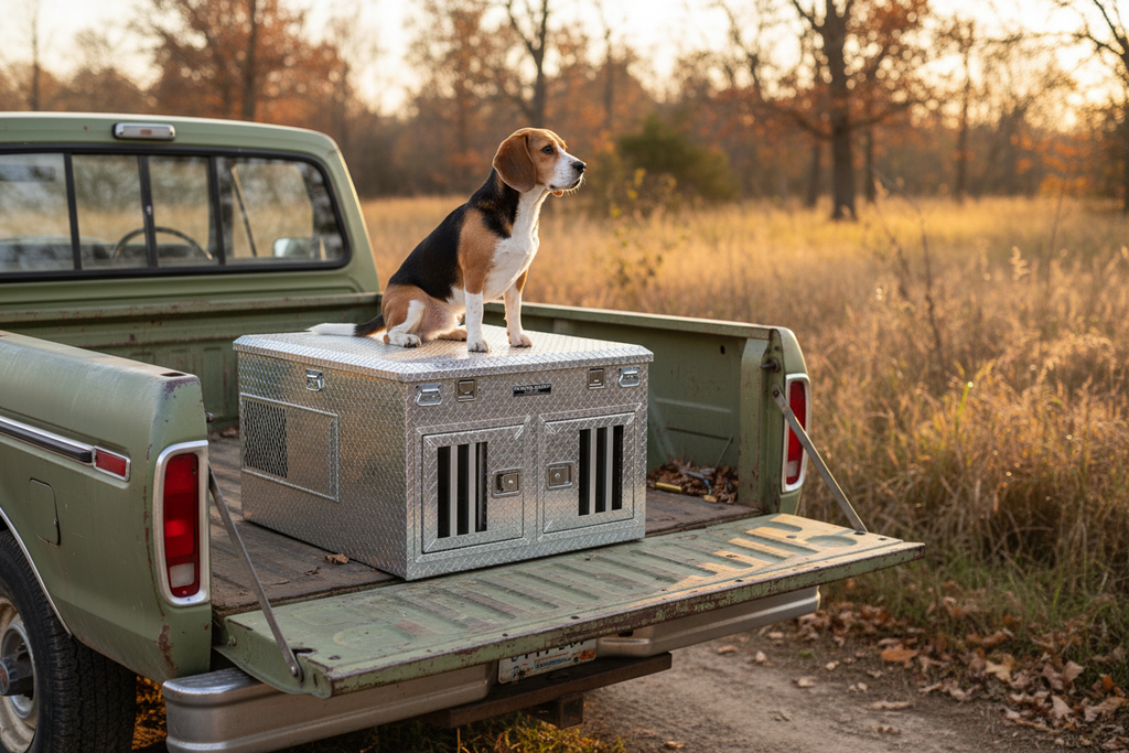 Diamond Deluxe D Style Dog Box in truck bed with beagle