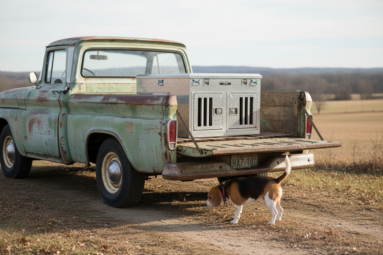 Dog kennel in old truck with beagle