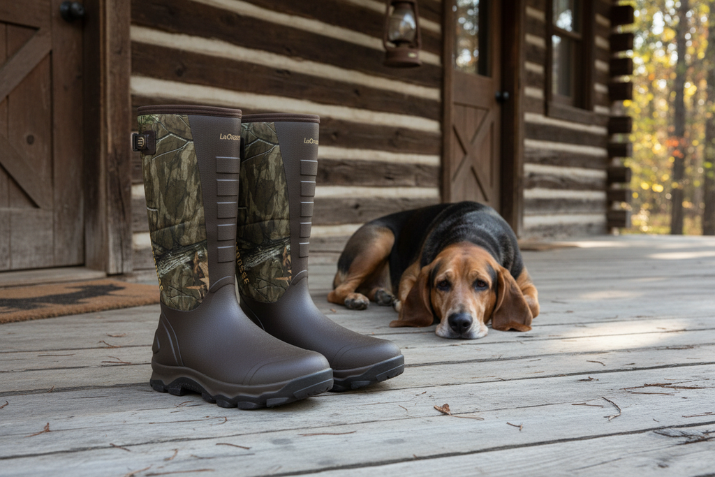LaCrosse Alpha Lite II Boots on cabin porch with coon dog