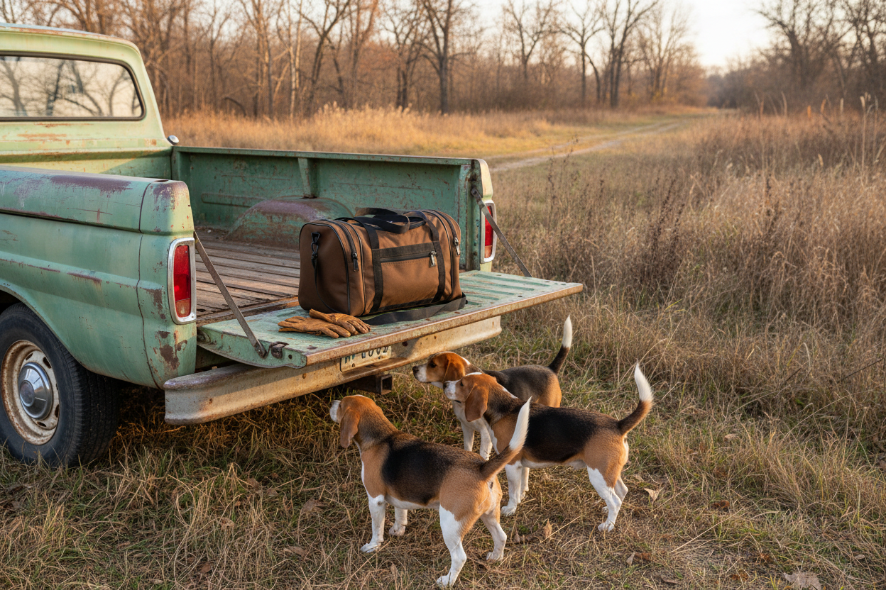 Smaller hunting bag on truck tailgate with beagles