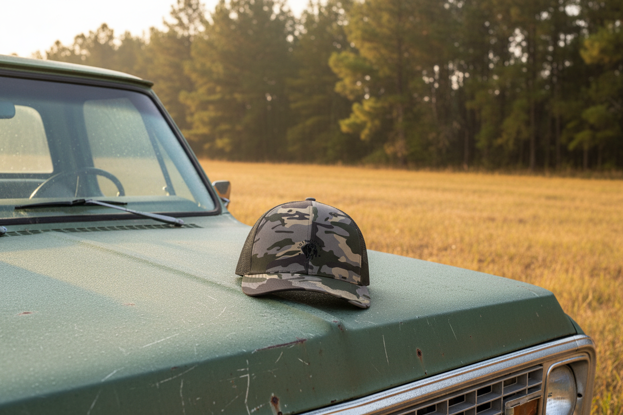 Ugly Hound Camouflage Trucker Hat on vintage hunting truck
