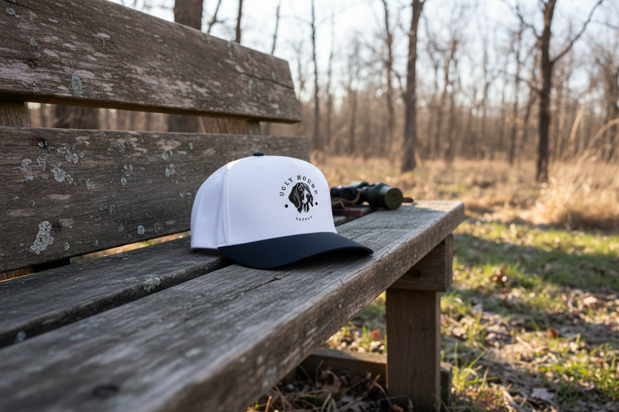 Ugly Hound Cap with logo on hunting bench